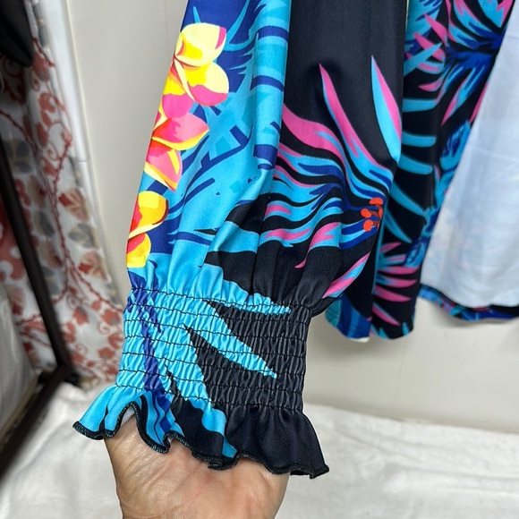 Blue and Black Tropical Print Blouse - Picture 3 of 10